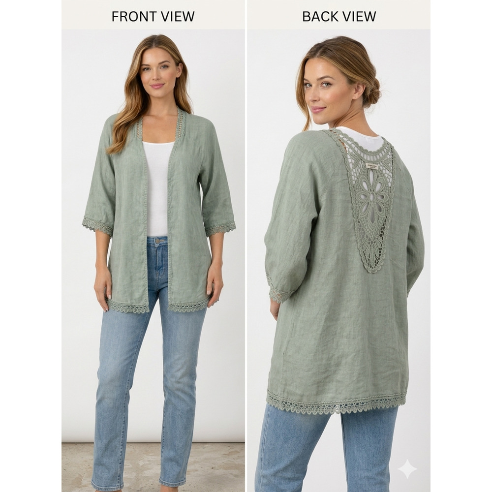 Valentina Naldi Linen Embroidered Crochet Kimono Cardigan Duster Sage Green Sz-1